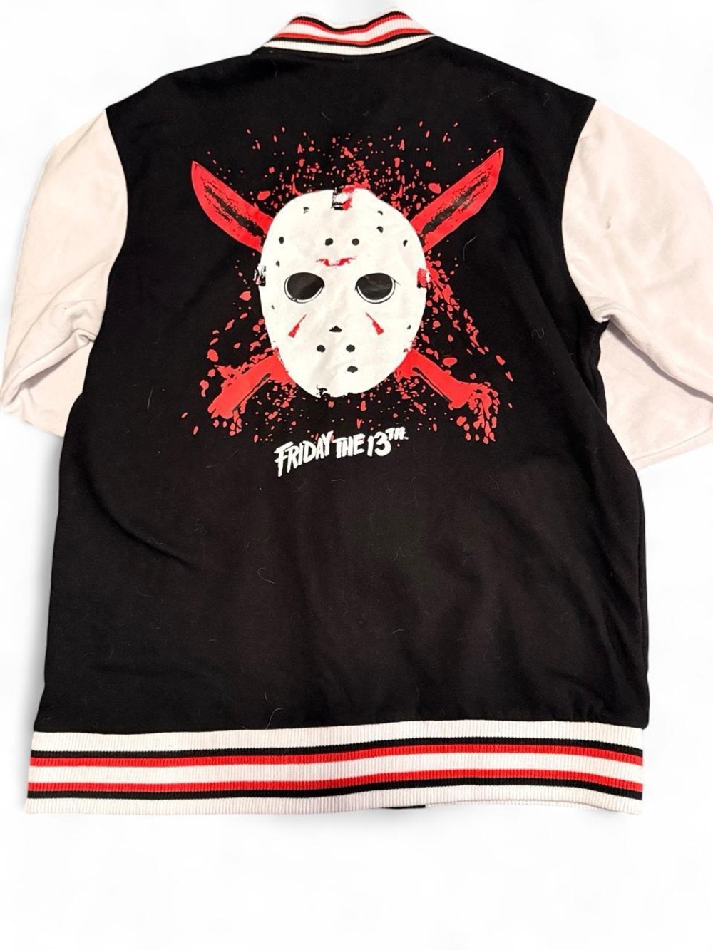 F13 Two-Tone Black & Cream Varsity Jacket with Red Accents - Picture 2 of 3